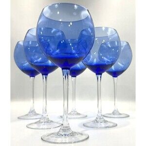 Vtg Set of 6 Cobalt Blue Ombre Wine Glasses Hand Blown Glass Etched Polka Dots